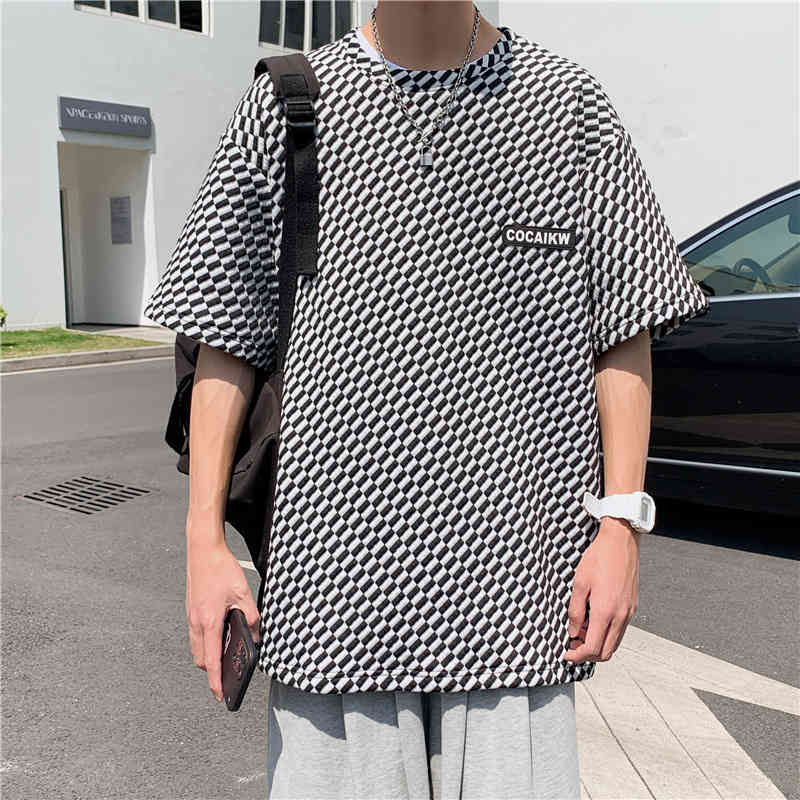 

t shirt short sleeve summer men's fashion brand ins loose half trend oversize waffle top, White;black