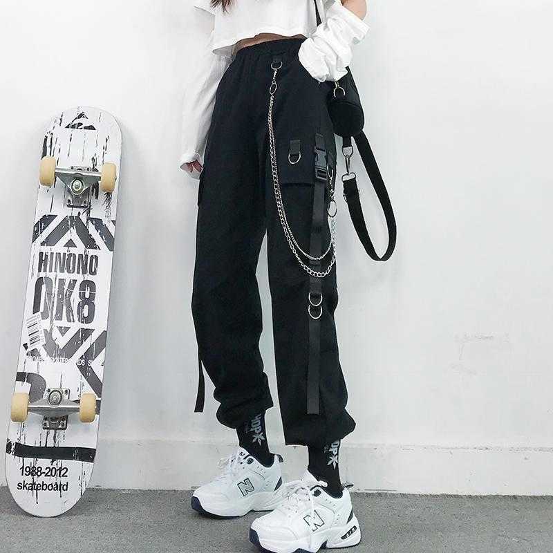 

Y2K Cargo Pants Women Chains Pocket Punk Pants Gothic Harajuku Jogger Trousers E-Girl Emo Hip-Hop Grunge Streetwear Alt Techwear X0713, With chain