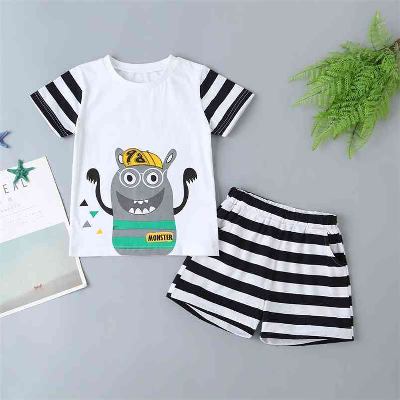 

Summer Children Sets Casual Cute Short Sleeve Print Cartoon O Neck Stripe T-shirt Srtipe Shorts Boy Clothes 2T-6T 210629, White