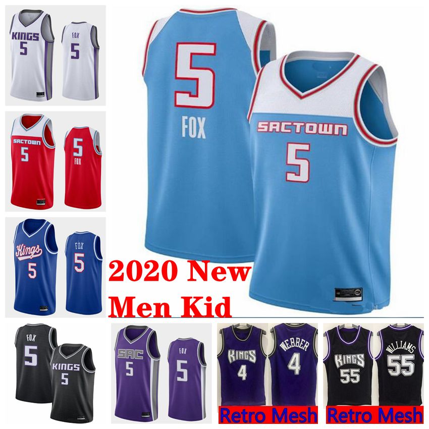 

2020 Men Kids Sacramento King Edition DeAaron 5 Fox Basketball Jerseys Youth Jason 55 Williams Stitched Embroidery Jerseys White Black, Black;red