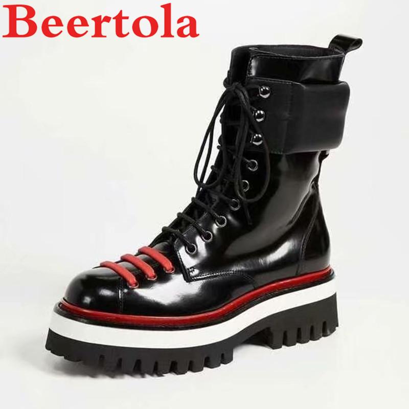 

Boots Genuine Leather Women's Ankle High Quality Platform Lace Up Mixed Color Short Motorcycle For Women British Style, As pics