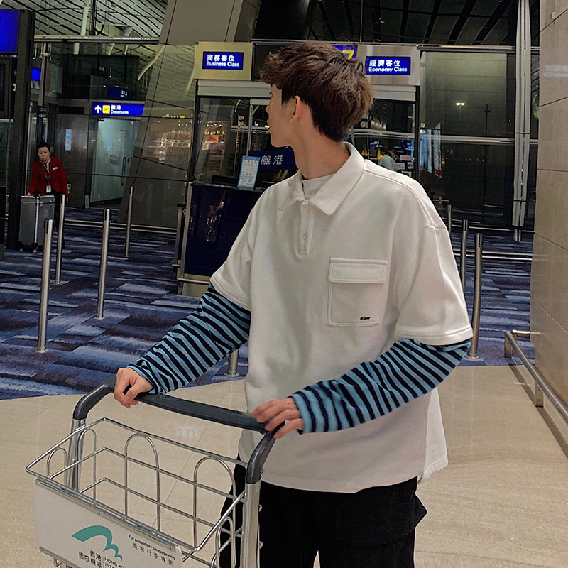 

2021 New Korean Style Men's Bf Wind False Two Piece Coats Stripe Printing Pullover Hoodies Cotton Clothes Casual Sweatshirts -xl 2q9a, White