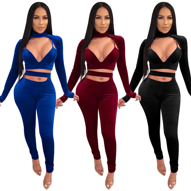 

Women' Two Piece Pants Cutubly Long Sleeve Women Set Tracksuit Autumn Winter Velvet Solid 2 Pieces Deep V Crop Top Cut Out Jogger Outfits, Black