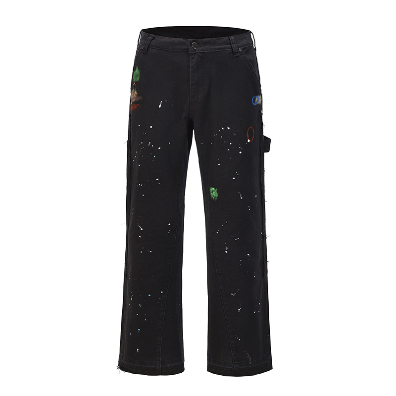 

2021 New Graffiti Ink Painted Wide Leg Flare Pants Mens Streetwear Straight Casual Jeans Harajuku Washed Retro Loose Denim Trousers Uraj, Black