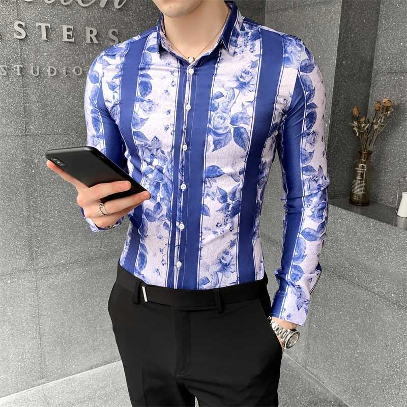 

Flower Shirts Men Autumn Slim Fit Long Sleeve Casual Striped Shirt Streetwear Social Party Man Clothing Camisas Para Hombre 210527, Blue