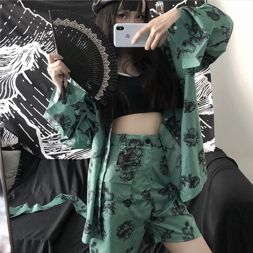 

loose shirts short set chinese women tracksuits dragon style casual shorts clothes sets fashion, Gray