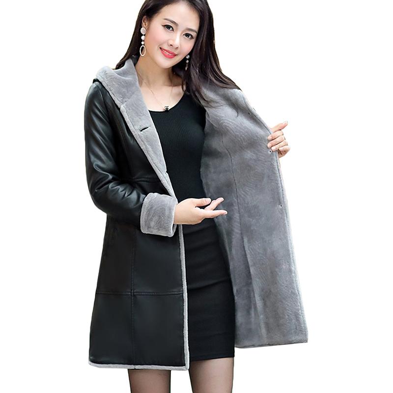 

Women's Leather & Faux Female Winter Plus Velvet Size 6XL Coat Women Fashion Slim Long Hooded Single Breasted, Black