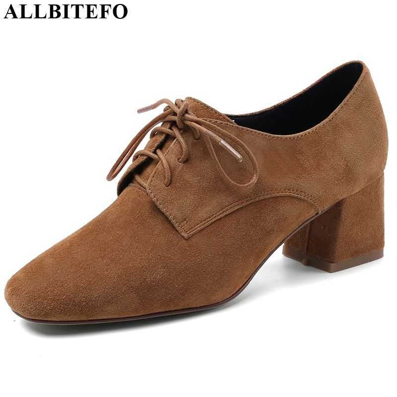 

ALLBITEFO nature genuine leather high heels comfortable lace up office women heels spring women shoes easy style high heel shoes 210611, As picture