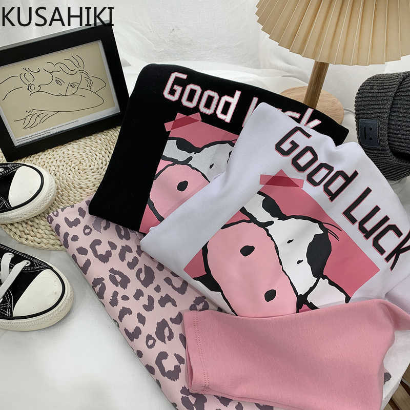 

Korean Cartoon Letters Printed Tee Top Causal Patchwork Long Sleeve Tshirt Spring Women Graphic T Shirts 6E684 210603, Black