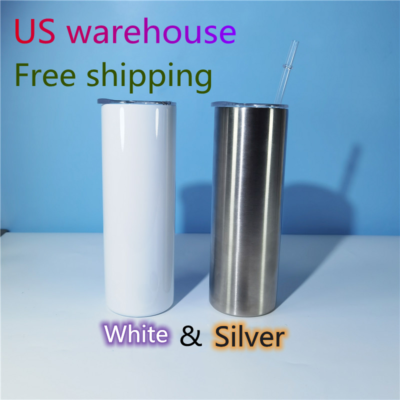 

Local Warehouse 20oz Straight Sublimation Tumblers Clear Straws and sealed lids Stainless Steel Glossy blank white Double wall Vacuum Insulated water cups, Stainless steel color (no sublimation)