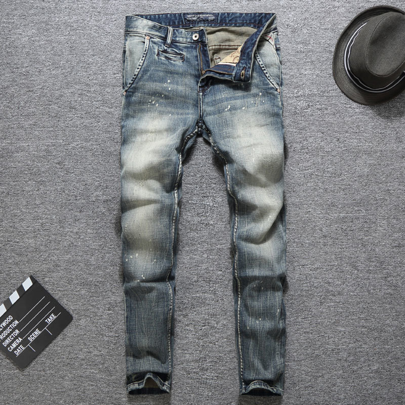 

2021 New Italian Vintage Retro Wash Slim Fit Elastic Classical Denim Pants Hombre Paint Designer Streetwear Hip Hop Jeans Men Oa1h, Retro color