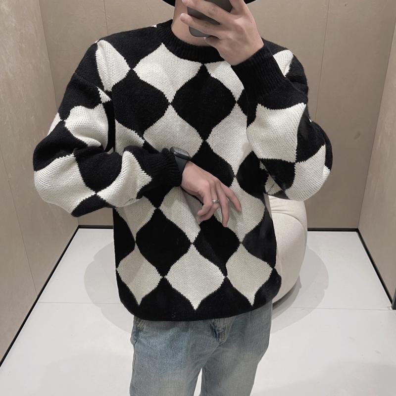 

Men's Sweaters Diamond Check Sweater Autumn Winter Round Neck Contrast Color Knitted Pullovers Loose Long Sleeve Streetwear Male Clothing, White;black