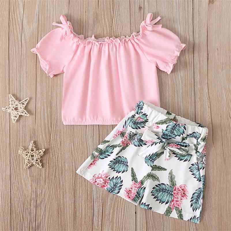 

Summer Children Sets Short Sleeve Pink Solid T-Shirt Print Floral Shorts Girl Boys Clothes 18-6T 210629
