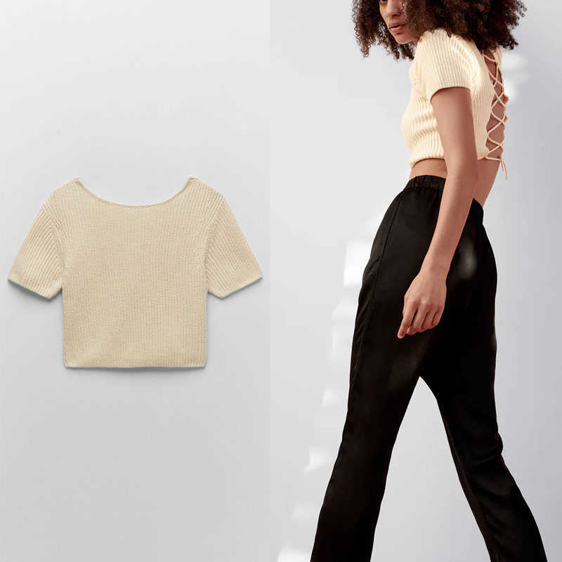 

Za Back Straps Crop Knit Top Women Short Sleeve O Neck Sexy Backless Summer Sweater Feminine Open Back Casual Pullover 210602, As picture