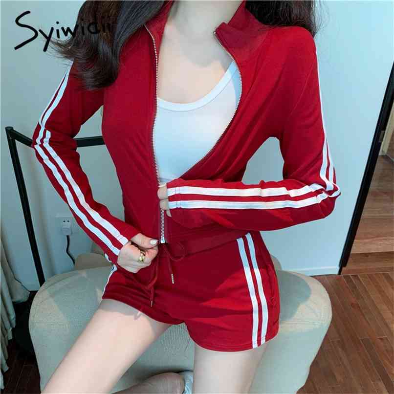 

Side Striped Two Piece Sets Women Shorts Jacket Blue Black Red Gray Tracksuits Cotton Outfits Sweatshirt Jogger 210607