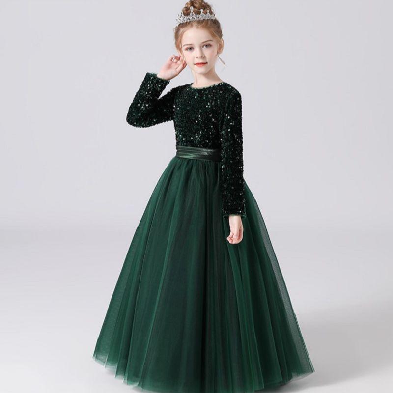 

Girl's Dresses Sequin Tulle Long Sleeves Flower Girl Wedding Junior Bridesmaid Ball Gown Evening Party Dress For Girls Pageant, Red;yellow