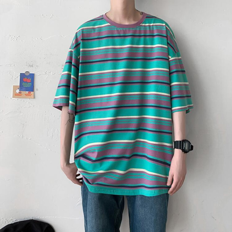 

2021 New Summer Cotton Striped t Shirt Men's Fashion Casual O-neck T-shirt Men Streetwear Loose Hip-hop Short-sleeved Tshirt Mens Tops 72g1, Green and blue bars