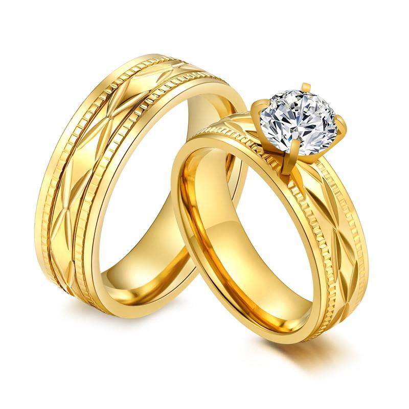 

Wedding Rings Fashion Korean Couple Ring For Lovers Men Women Stainless Steel Gold Color Jewelry Wholesale Zircon Stone R571G