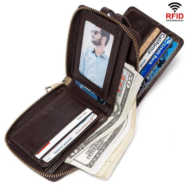 

Wallets RFID Bifold Men Cowhide Leather Zip Around Wallet Card Holder Coin Purse 517D, Coffee