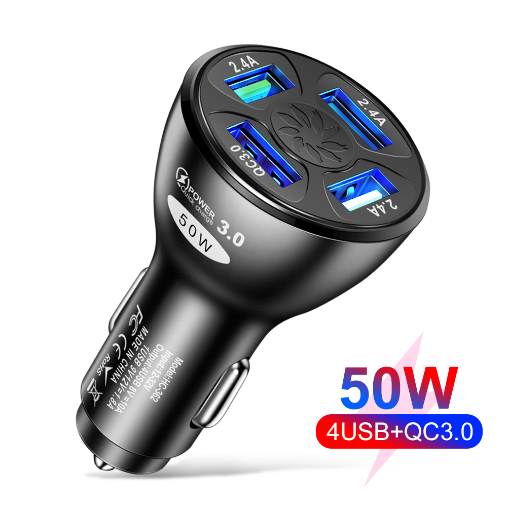 

4 Ports Multi USB Quick Car Charger 50W 7A Mini Fast Charging QC3.0 Adapter For iPhone13/12 Pro/Max/IPad Pro/Xiaomi/Huawei/Samsung Galaxy S21 Ultra/S20/Note, Black