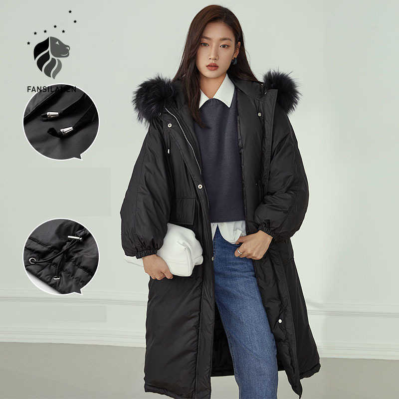 

FANSILANEN Real fur collar long black down coat Women thick wram puffer winter Female thermal parka oversized jacket 210607