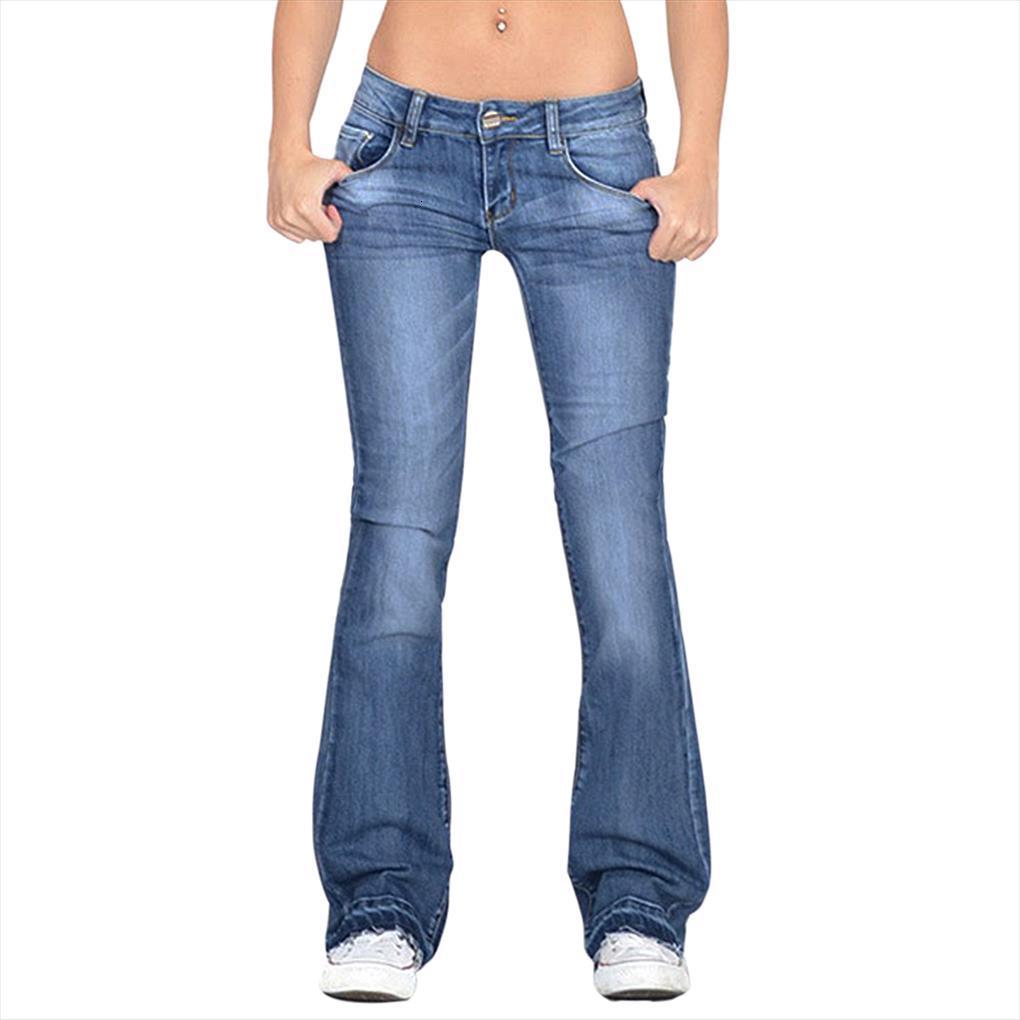 

washed high waist button womens jean boot cut casual long pants trousers vintage female streetwear ladies denim, Blue