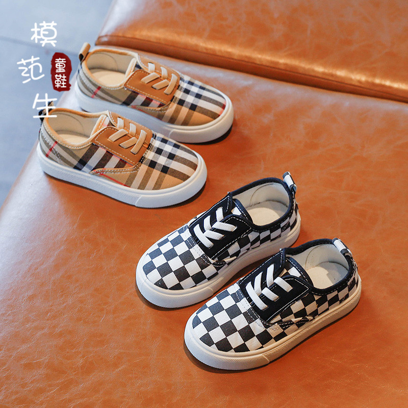 

Children' casual canvas shoes 2021 spring new boys black and white grid soft sole shoes girls one-step sports shoes, Black;grey