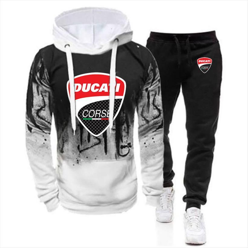 

spring autumn ducati printed mens tracksuit 2 piece sets hoodie pants pullover suit sportwear clothing, Gray