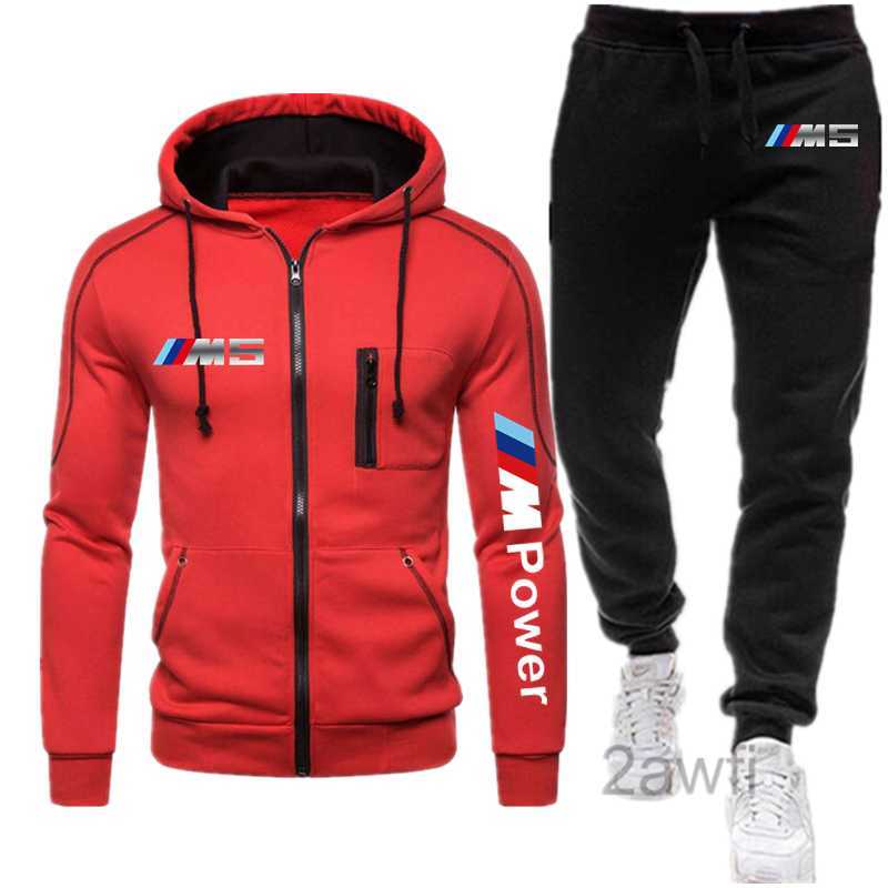 

New 2 Pieces Sets Tracksuit Bmw Power Print Men Hooded Sweatshirt Pants Pullover Hoodie Sportwear Suit Casual Sports Men Clothes X0909, Red-3tg-5
