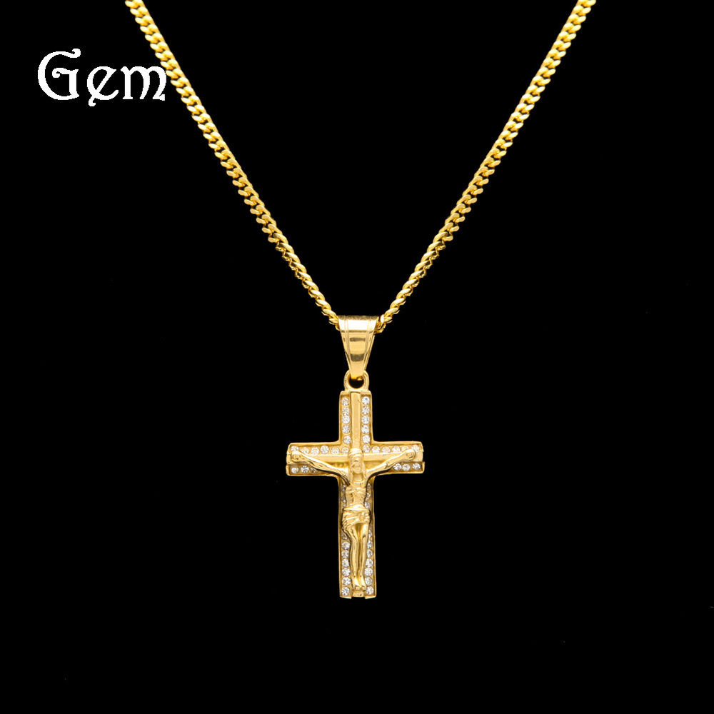 

Hip hop men's diamond Jesus Necklace Titanium Steel Cross Pendant