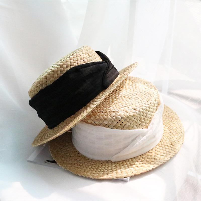 

Wide Brim Hats French Retro Casual Women's Summer Hat Silk Decoration Sun Protection Cap Female Flat Top Beach Straw, White
