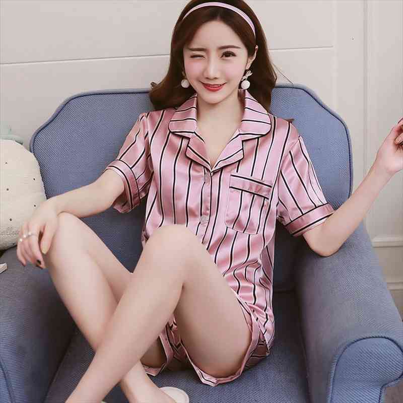

Stripe Floral Print Short Sleeve Top And Shorts Pyjamas Women Satin Silk Pajama Sets Cute Cartoon Sleepwear Womens Homewear, Black;red