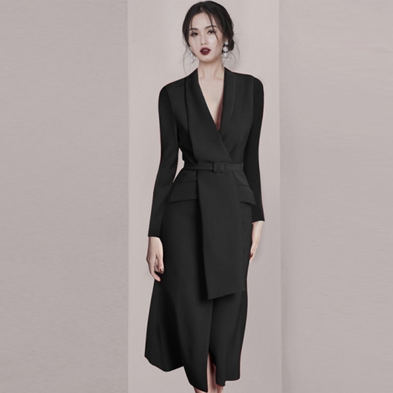 

ZAWFL Sexy Chic Elegant Blazer V Neck Long Sleeve Sashes With Buckle Red Office Lady Women Business Midi Dress 210525, Black