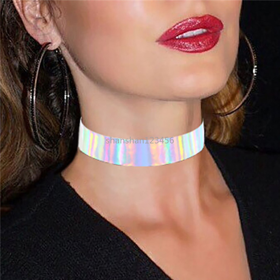 

Laser Reflect Rainbow Choker Necklace Collars Sexy Women Necklaces belt Fashion Jewelry Neck Chains Band Will and Sandy, Golden;silver