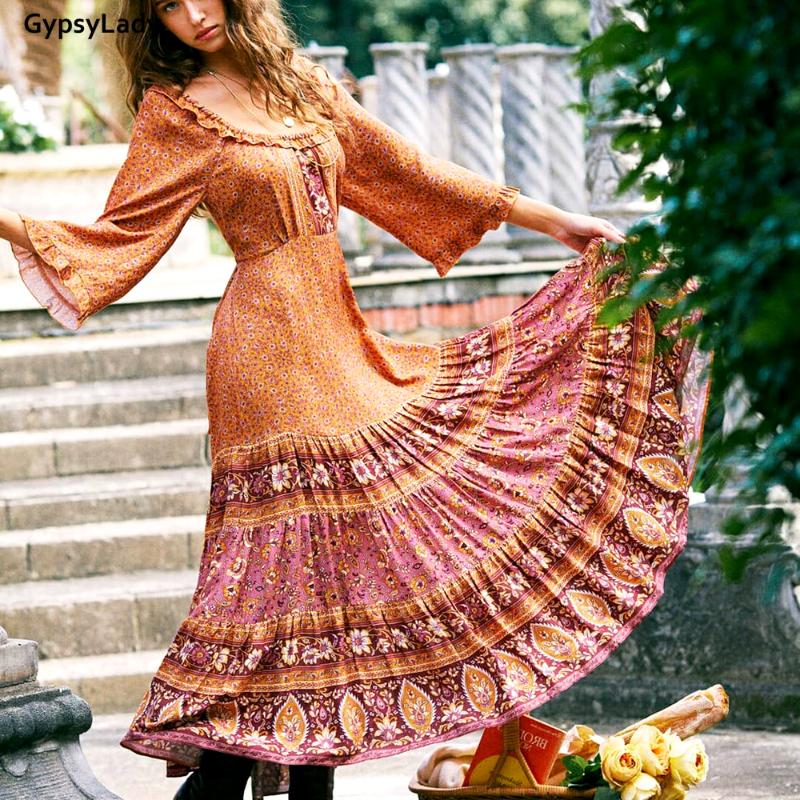 

Casual Dresses GypsyLady Orange Vintage Floral Women Dress Boho Autumn Holiday Ruffles Long Flare Sleeve Ethnic Belted Ladies, Sky blue