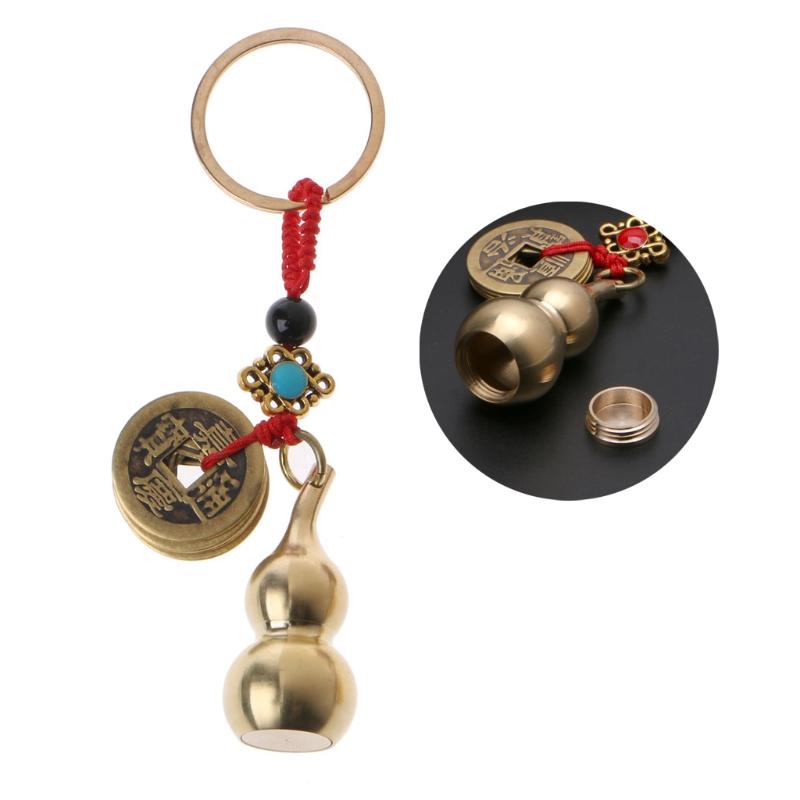 

Keychains Lucky Gourd Keychain With Feng Shui Coins Brass Calabash Wu Lou Pendant KeychainKeychains