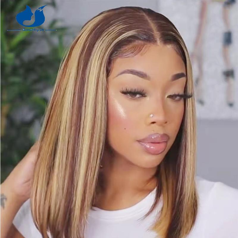 

Lace Wigs Amethyst Highlight Bob Wig 5.5X4.5 PU Silk Top Human Hair Brazilian Ombre Brown Closure Piano Color For Women, As pic