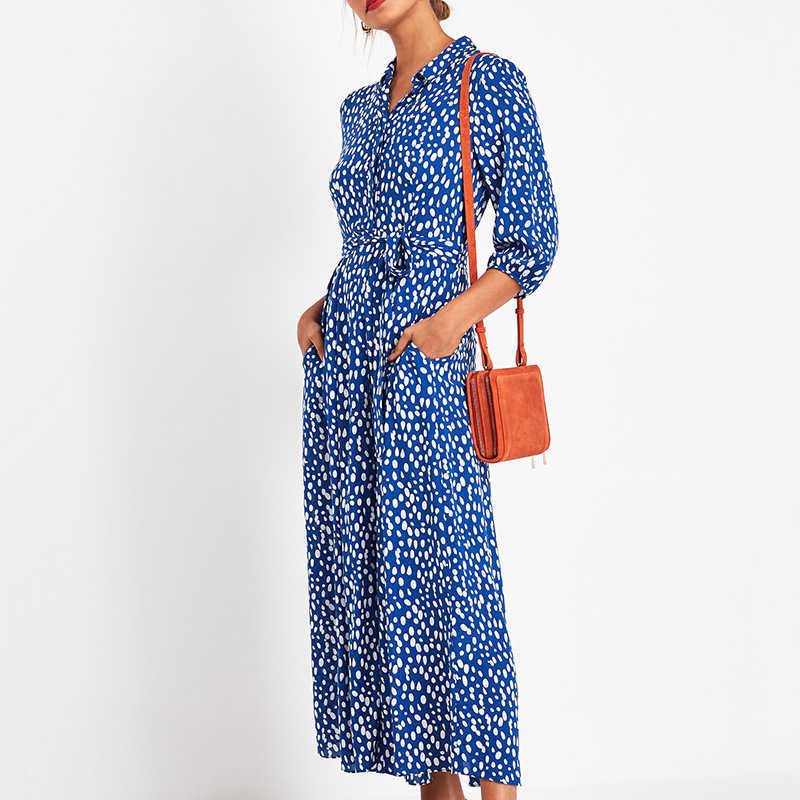 

Polka Dots Print Three Quarters Turn Down Collar Bandage Pocket Dress Women Boho Casual Loose Streetwear Beach Chiffon Dresses 210608, Blue