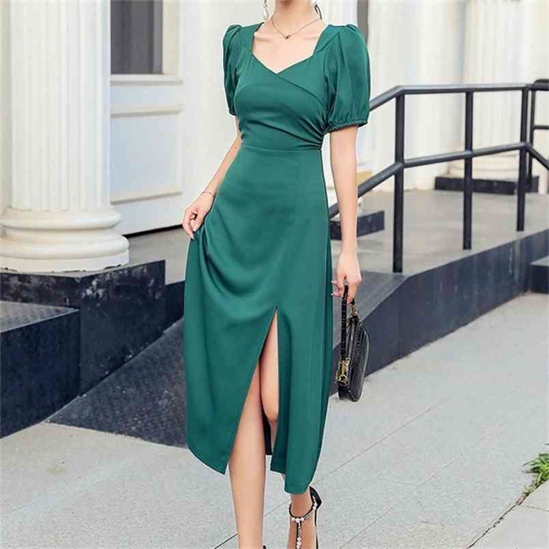 

Korean Women' Bodycon Dress Chic Vintage Elegant Vestidos Sexy Puff Sleeve Floral Dresses Office Lady Clothes 210603, Picture color