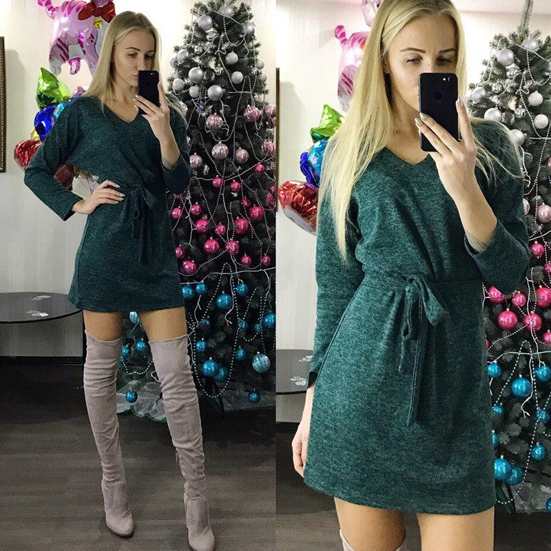 

2021 Women Vintage Sashes Christmas Party Mini Long Sleeve Sexy v Neck Solid A-line Casual Winter New Fashion R7y8, Gray