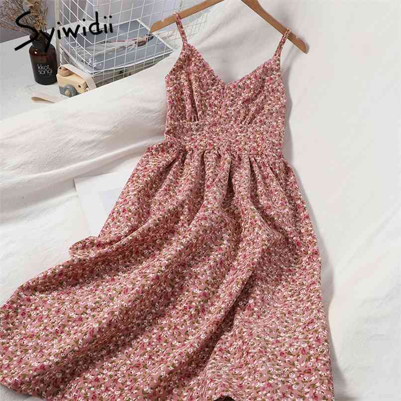 

Boho Floral Print Woman Dress Sexy Spaghetti Strap Women Back Elastic Beach Style Sleeveless A-line Summer Dresses 210607, Pink