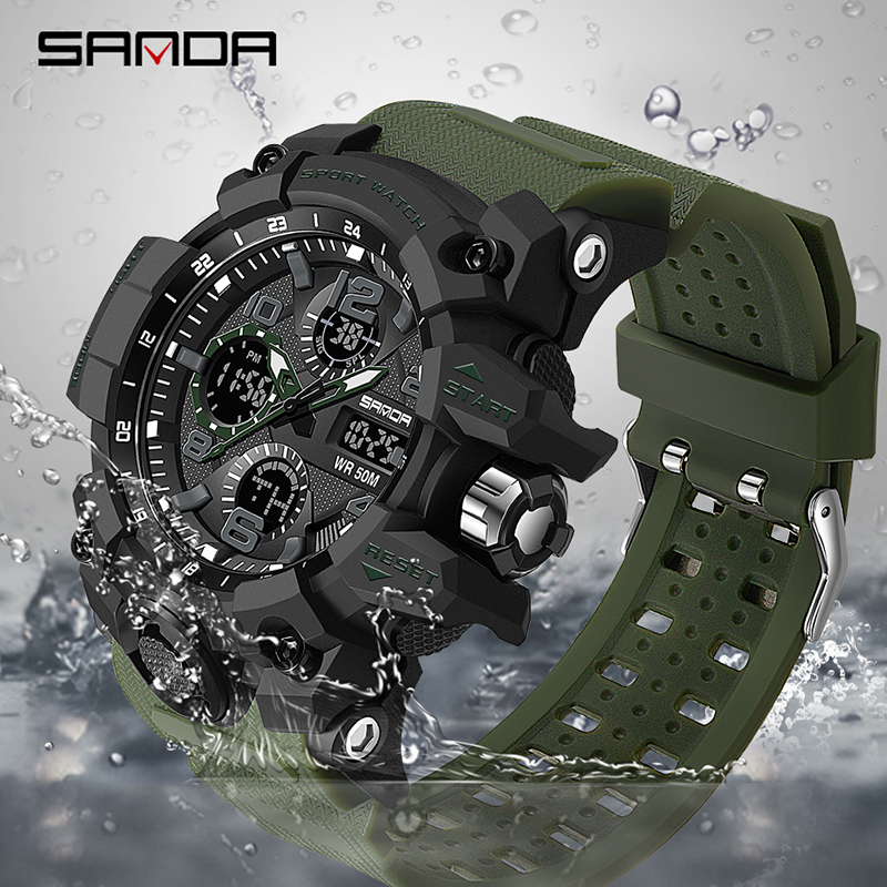 

SANDA Sports Military Mens Watches Waterproof Dual Display Quartz Watch Men Wristwatch For Male Clock Relogios Masculino 6021g, Black black