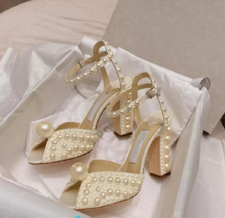 

Elegant Ladies Luxurious Satin Sandals With Over Pearls Sacora 100mm Pearl Embellished Pumps Ankle Strap Peep-toe Sandal Wedding Shoes