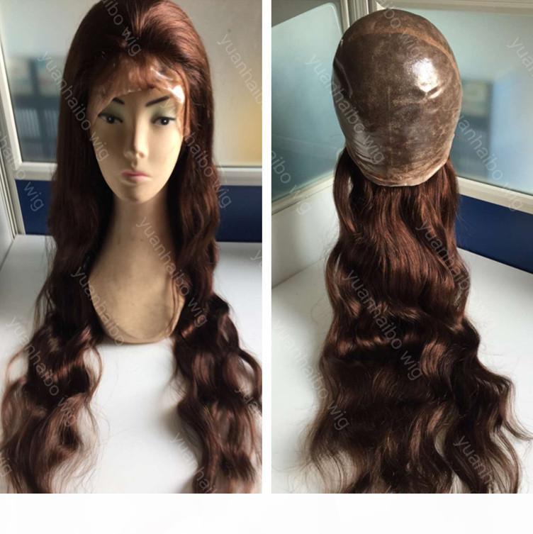 

High quality medium brown 4 virgin brazilian hair silicone base loose wavy thin skin wig free shipping, Black;brown