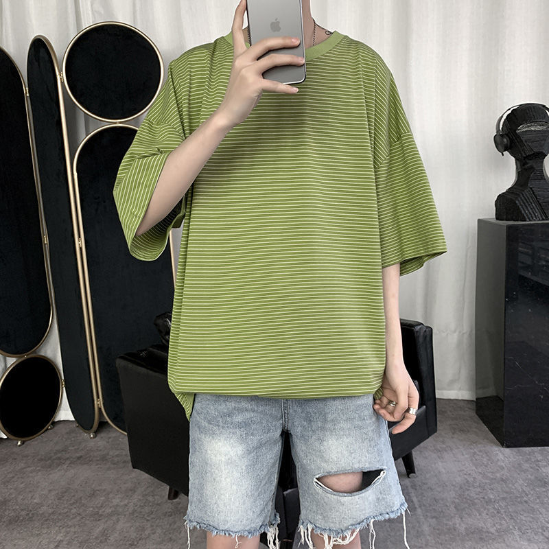 

2021 New Summer Cotton Striped Men' Fashion Casual O-neck T-shirt Men Streetwear Korean Hip-hop Short-sleeved Tshirt Mens -5xl Swje, Black