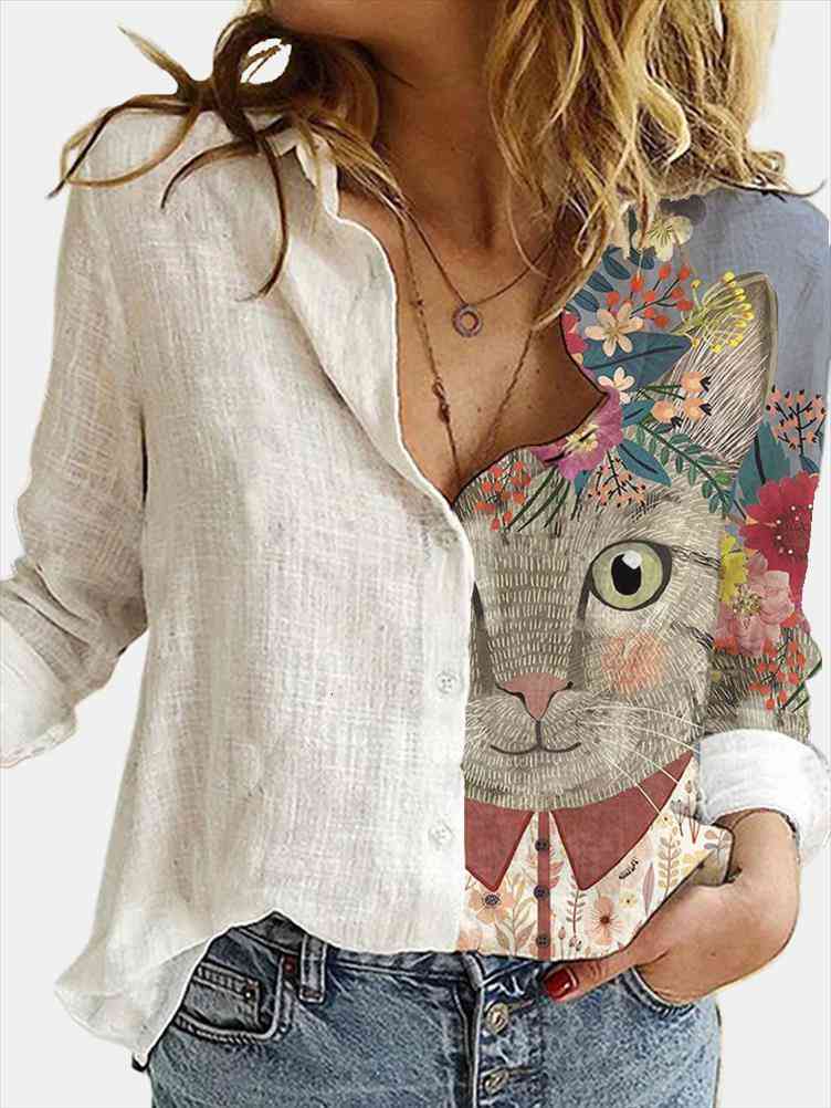 

fashion loose animal cat digital women blouses print autumn office white sleeve turn down collar casual cardigan