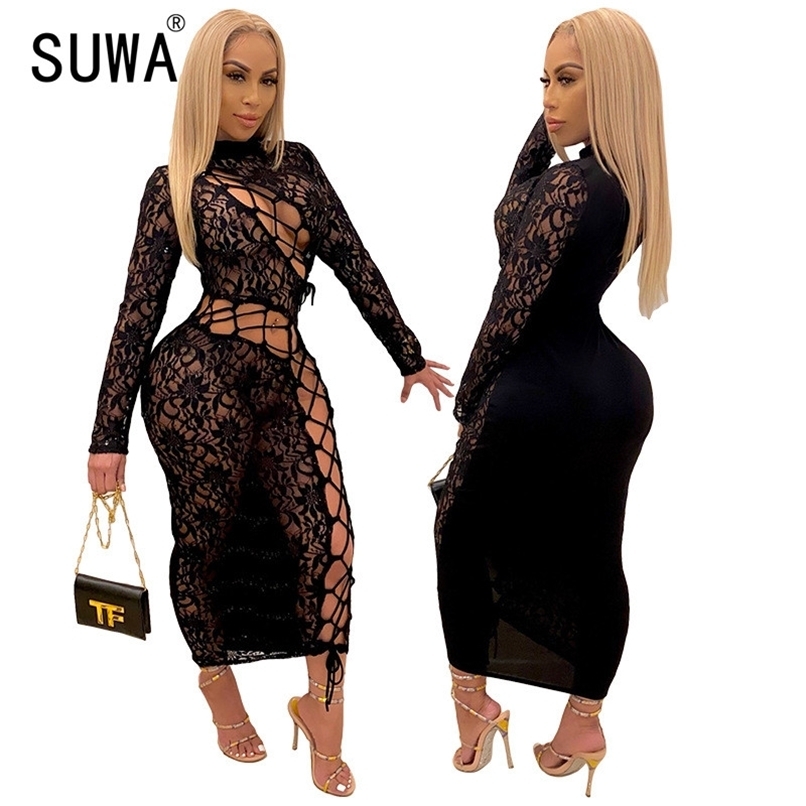 

All Black Hollow Out Lace-Up Sexy Party Night Club Sheath Long Dresses For Women Clothes Sleeve Elegant Birthday Outfits 210525