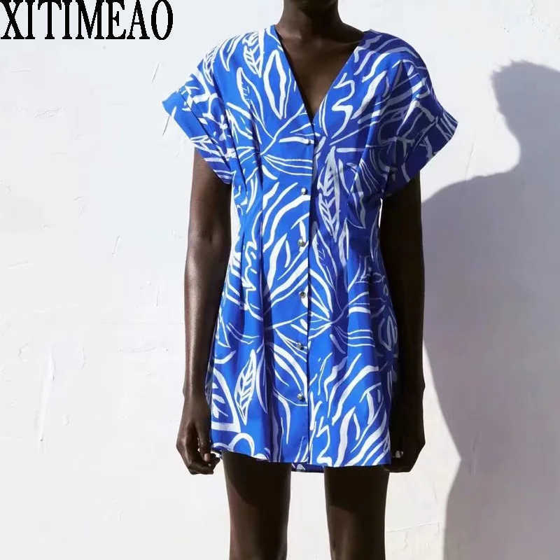 

Za Short Sleeve Women Retro Printing Shirt Dresses Ruffles Female Holiday Lapel Sexy A-line Mini Dress XITIMEAO 210602, Blue