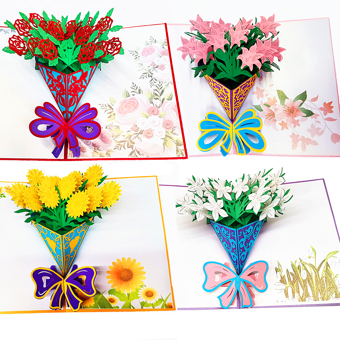 

4-Packed pop up cards happy birthday decorations Gardenia, Rose, Lily, Sunflower Gift Cards Greeting Cards for Congratulation