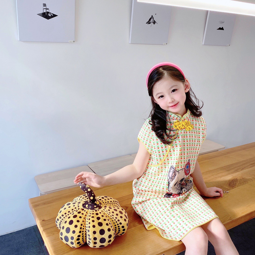 

Chinese style Baby Girls Dress Children Clothing 2021 New Kids Girl cheongsam Dresses Lovely Costume Dress, Yellow